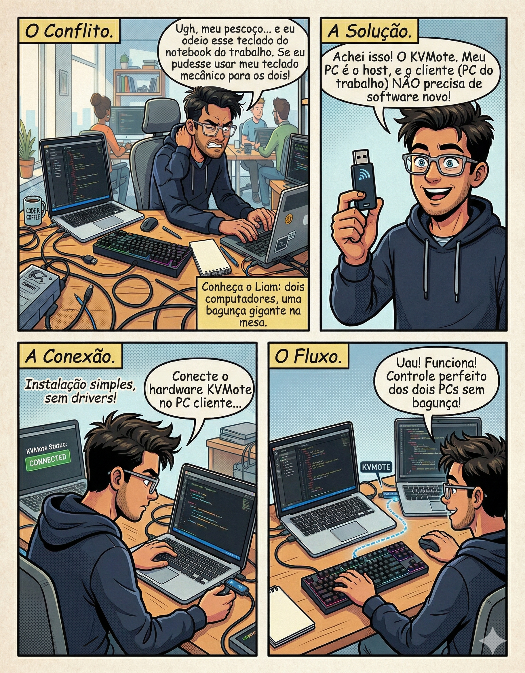 Quadrinho: O problema, a solução, a conexão e o fluxo do KVMote